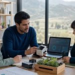Equipo de innovación regional revisa un prototipo tecnológico y datos en un computador