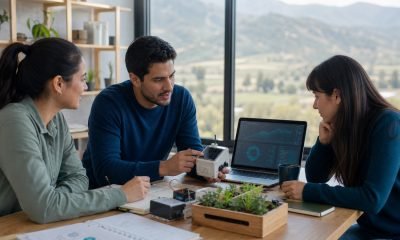 Equipo de innovación regional revisa un prototipo tecnológico y datos en un computador