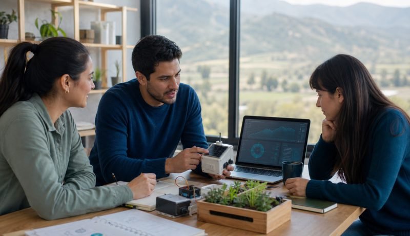Equipo de innovación regional revisa un prototipo tecnológico y datos en un computador