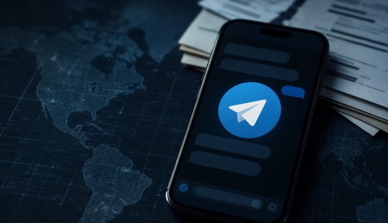 Teléfono con una aplicación de mensajería sobre un mapa digital junto a documentos