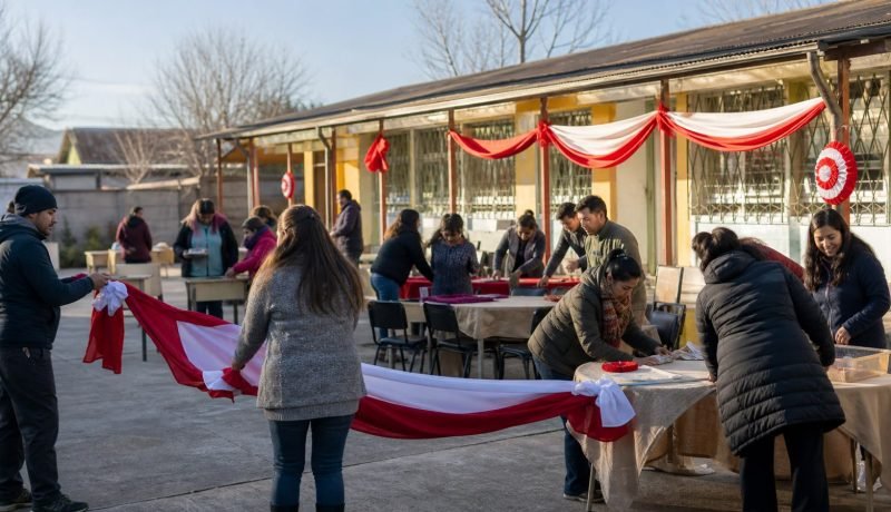 Voluntarios preparan una actividad solidaria comunitaria en el patio de una escuela