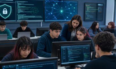 Ilustración de estudiantes de enseñanza media trabajando en un laboratorio de ciberseguridad.