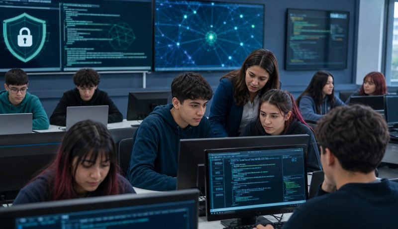 Ilustración de estudiantes de enseñanza media trabajando en un laboratorio de ciberseguridad.