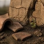 Adobe agrietado y tejas de terracota como imagen editorial de memoria y reconstrucción