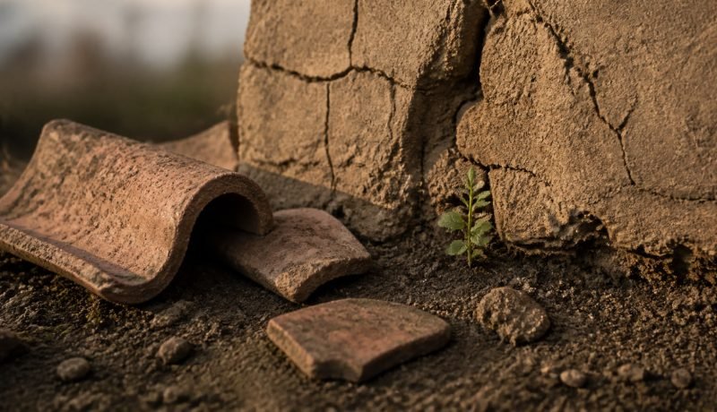 Adobe agrietado y tejas de terracota como imagen editorial de memoria y reconstrucción