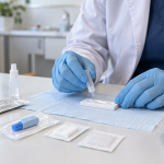 Profesional de salud prepara un test rápido en una mesa clínica