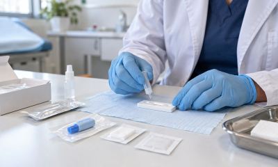 Profesional de salud prepara un test rápido en una mesa clínica