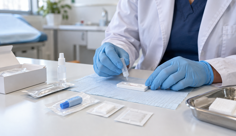 Profesional de salud prepara un test rápido en una mesa clínica