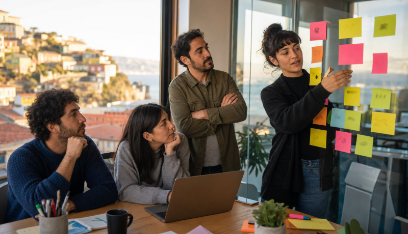 Equipo de emprendedores trabaja en un programa de incubación con vista a los cerros de Valparaíso