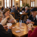 Personas mayores participan en un torneo comunitario de brisca en un salón patrimonial