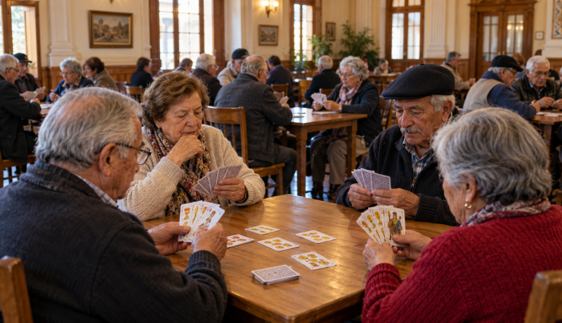 Personas mayores participan en un torneo comunitario de brisca en un salón patrimonial
