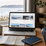 Notebook, mapa y equipaje preparados para comparar una compra de viaje en línea