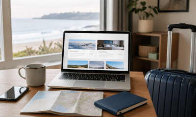 Notebook, mapa y equipaje preparados para comparar una compra de viaje en línea