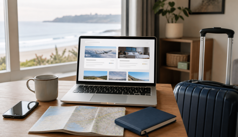 Notebook, mapa y equipaje preparados para comparar una compra de viaje en línea