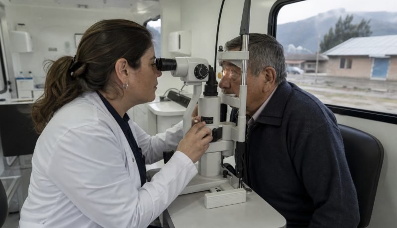 Profesional realiza un examen visual a un adulto mayor en una unidad oftalmológica móvil
