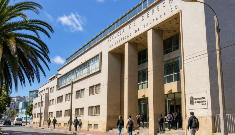 Edificio de la Universidad de Valparaíso con estudiantes ingresando al campus