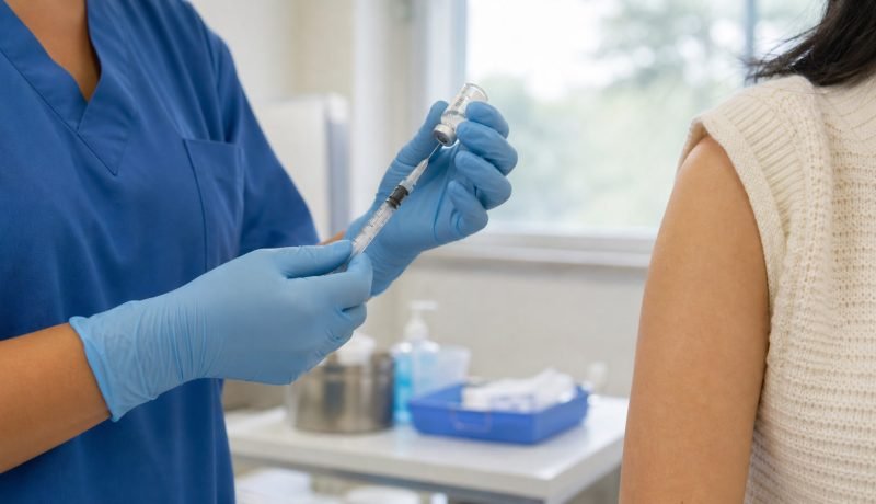 Trabajadora de salud prepara una vacuna antes de atender a una paciente