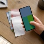 Persona revisa una transferencia en un teléfono junto a dinero y un comprobante
