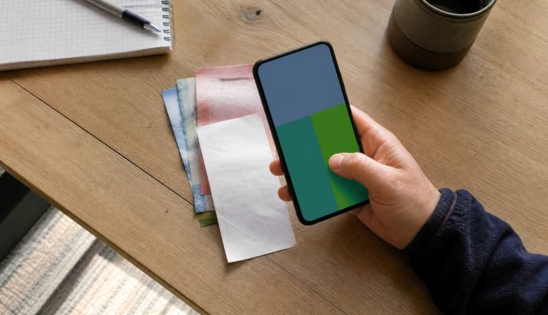 Persona revisa una transferencia en un teléfono junto a dinero y un comprobante